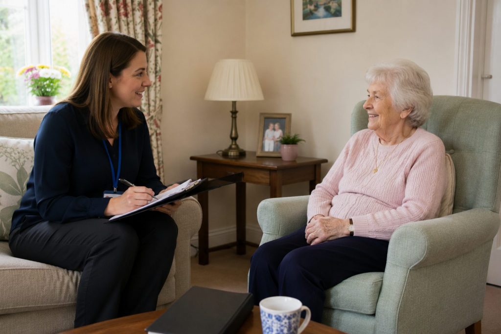Occupational therapist with clipboard conducting a home assessment with an elderly woman