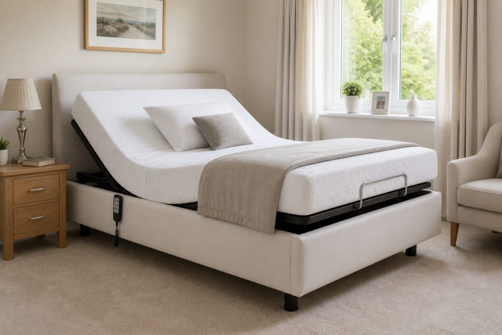 White electric adjustable bed with head end raised in a modern British bedroom