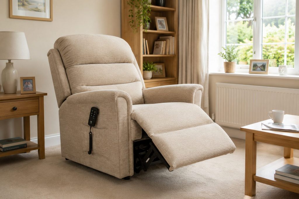Beige fabric riser recliner chair with footrest raised in a bright British living room