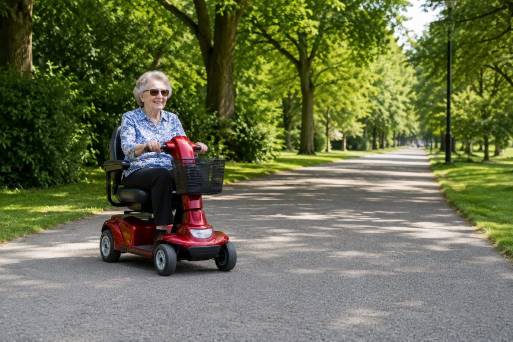 Elderly woman riding a red mobility scooter on a paved path in a British park