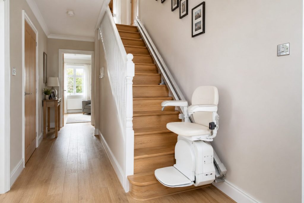 White stairlift mounted on a straight wooden staircase in a typical British home